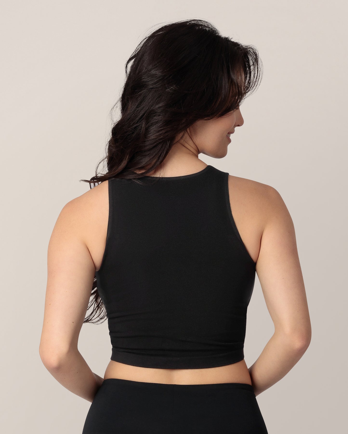 Back view of model wearing the Sublime Bamboo Maternity & Nursing Longline Bra in Black.